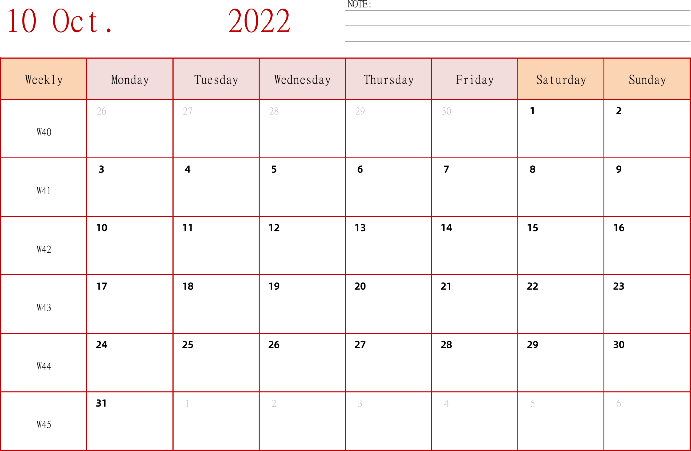 日历表2022年日历 英文版 横向排版 周一开始 带周数